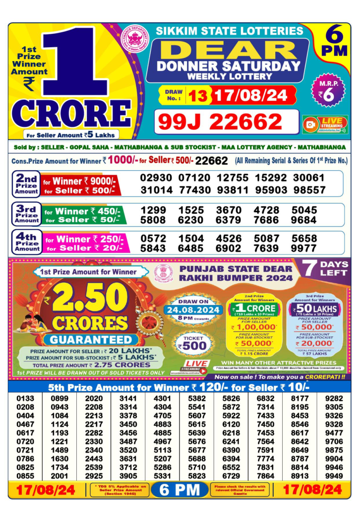 Dear Lottery Result Today 6 PM
