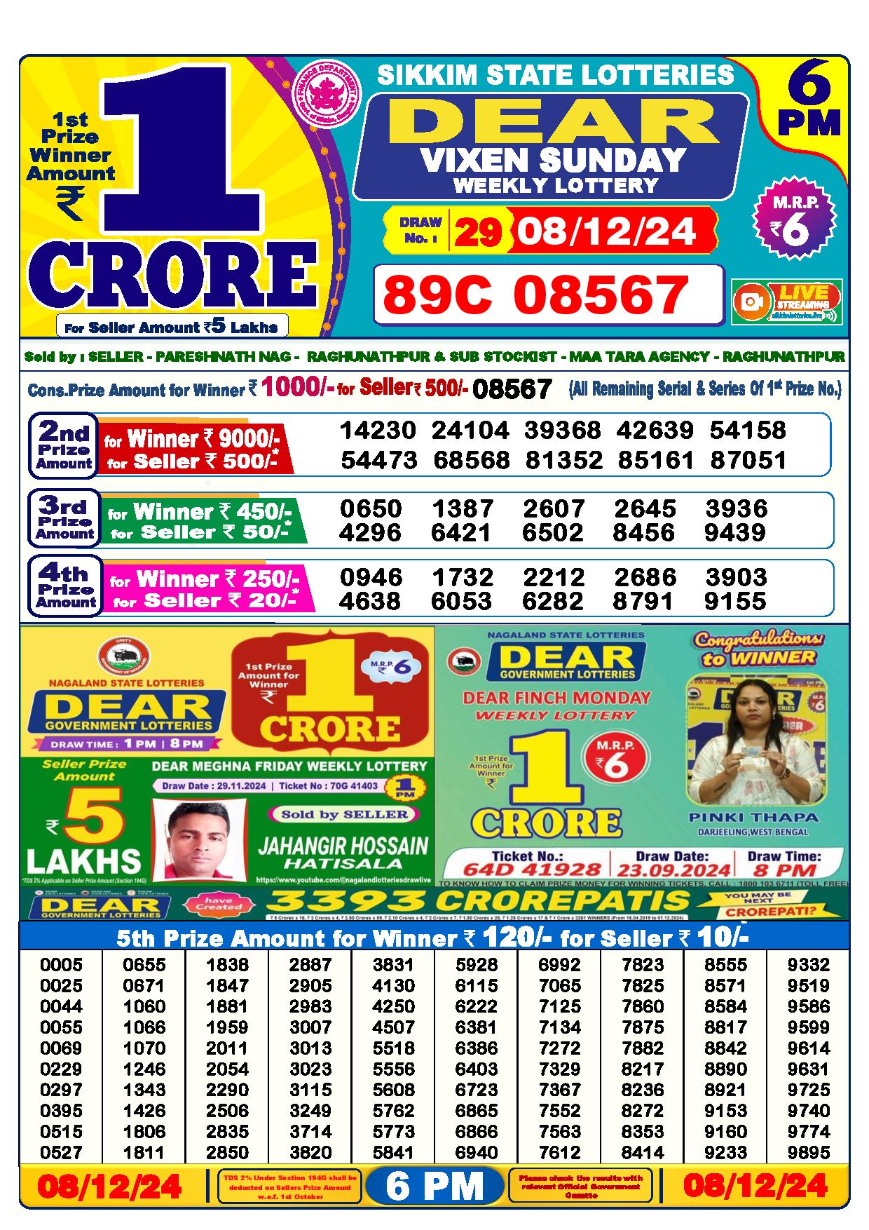 dear lottery result today 6pm 08.12.2024